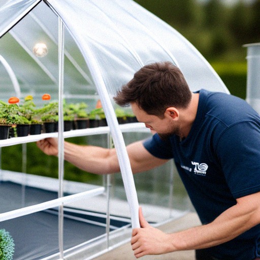 Connect the PVC pipes: A person assembling the PVC pipes to create the frame of the greenhouse, using connectors like elbows and tees to create corners and joints.