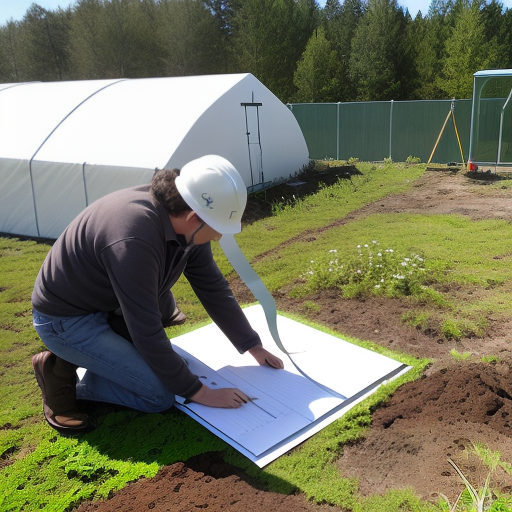 A person with a measuring tape and a notepad or paper, measuring the area where the greenhouse will be built.